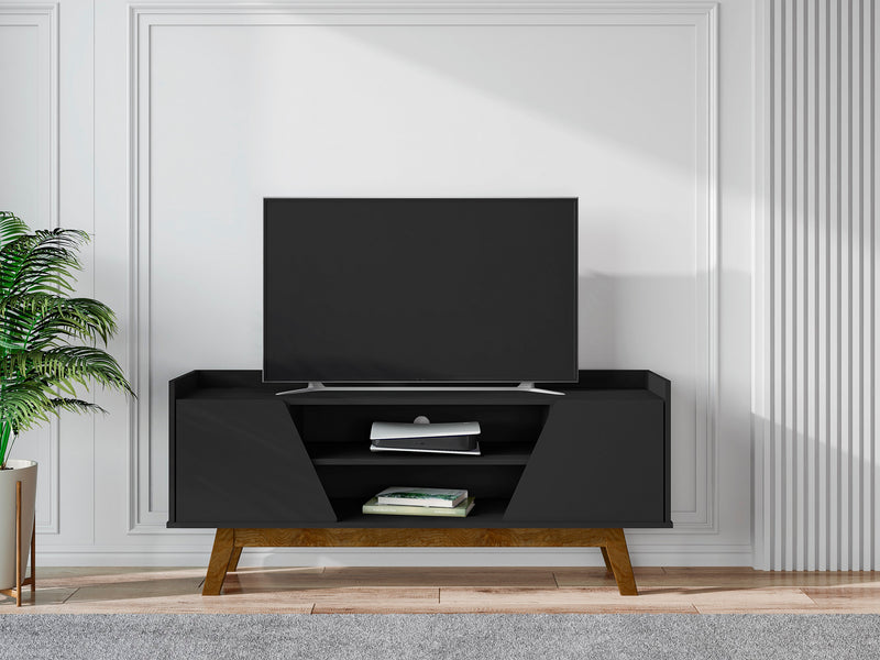Meuble pour téléviseur Marcus de Manhattan Comfort de 53,14 po de style moderne du milieu du 20e siècle avec pattes en bois massif - noir mat