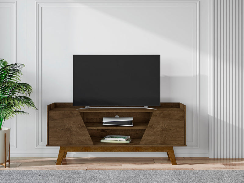 Meuble pour téléviseur Marcus de Manhattan Comfort de 53,14 po de style moderne du milieu du 20e siècle avec pattes en bois massif - brun rustique