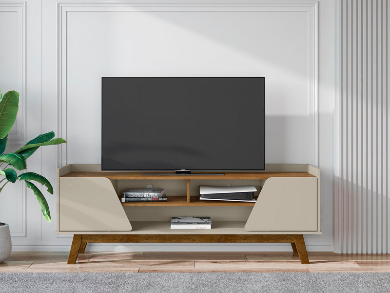 Meuble pour téléviseur Marcus de Manhattan Comfort de 62,99 po de style moderne du milieu du 20e siècle avec pattes en bois massif - greige et naturel