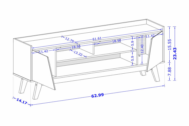 Meuble pour téléviseur Marcus de Manhattan Comfort de 62,99 po de style moderne du milieu du 20e siècle avec pattes en bois massif - greige et naturel
