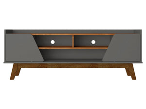 Meuble pour téléviseur Marcus de Manhattan Comfort de 62,99 po de style moderne du milieu du 20e siècle avec pattes en bois massif - gris et naturel