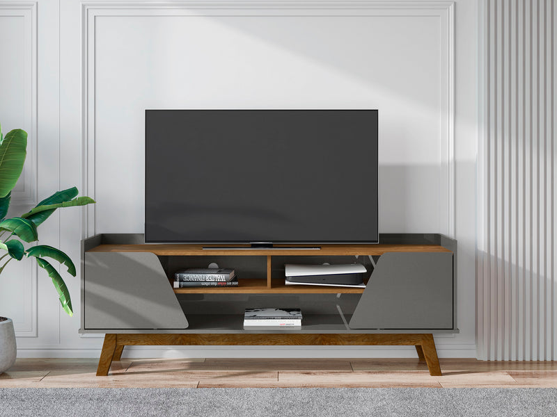 Meuble pour téléviseur Marcus de Manhattan Comfort de 62,99 po de style moderne du milieu du 20e siècle avec pattes en bois massif - gris et naturel