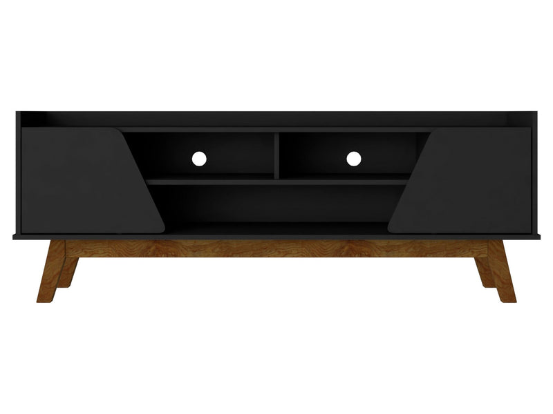 Meuble pour téléviseur Marcus de Manhattan Comfort de 62,99 po de style moderne du milieu du 20e siècle avec pattes en bois massif - noir mat