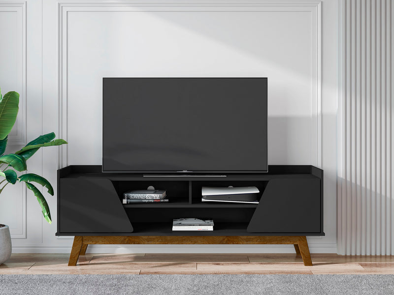 Meuble pour téléviseur Marcus de Manhattan Comfort de 62,99 po de style moderne du milieu du 20e siècle avec pattes en bois massif - noir mat