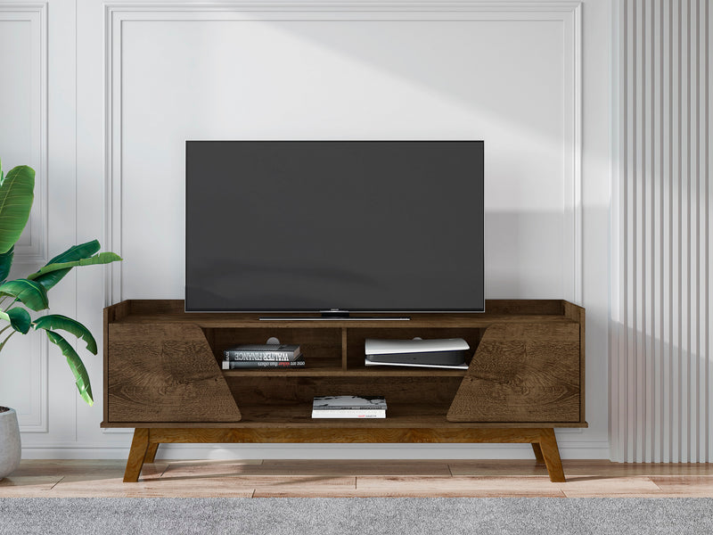 Meuble pour téléviseur Marcus de Manhattan Comfort de 62,99 po de style moderne du milieu du 20e siècle avec pattes en bois massif - brun rustique