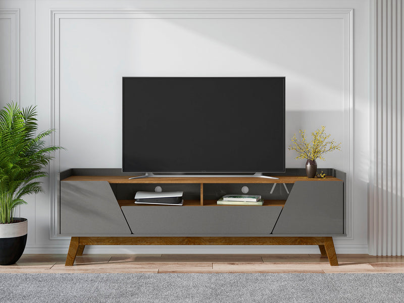 Meuble pour téléviseur Marcus de Manhattan Comfort de 70,86 po de style moderne du milieu du 20e siècle avec pattes en bois massif - gris et naturel