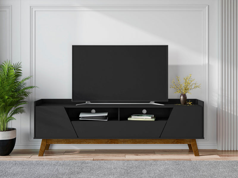 Meuble pour téléviseur Marcus de Manhattan Comfort de 70,86 po de style moderne du milieu du 20e siècle avec pattes en bois massif - noir mat