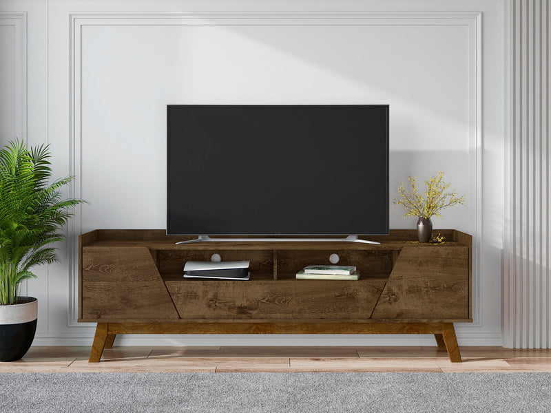 Meuble pour téléviseur Marcus de Manhattan Comfort de 70,86 po de style moderne du milieu du 20e siècle avec pattes en bois massif - brun rustique