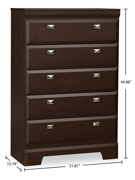 Commode verticale Yorkdale de 31,1 po (L) x 47,4 po (H) à 5 tiroirs pour la chambre à coucher, fabriquée au Canada - brune