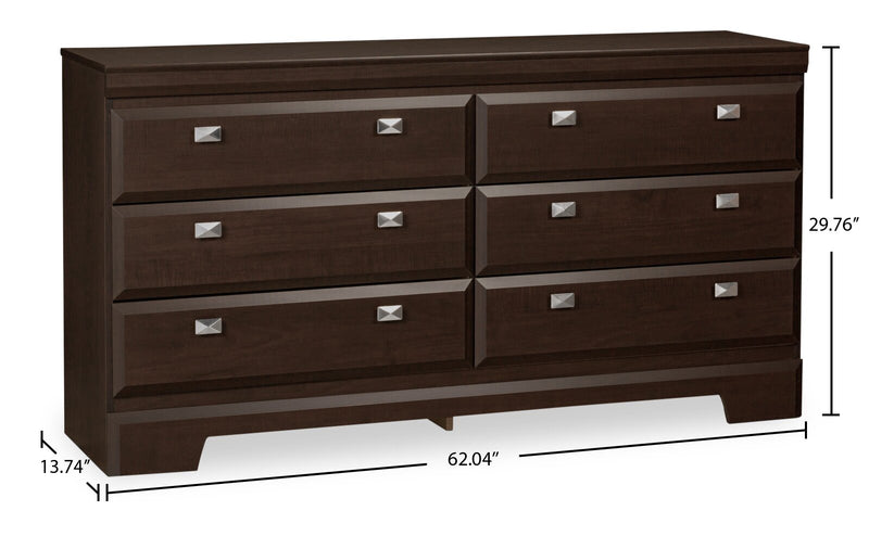 Commode Yorkdale de 61,4 po (L) x 32,3 po (H) à 6 tiroirs pour la chambre à coucher, fabriquée au Canada - brune