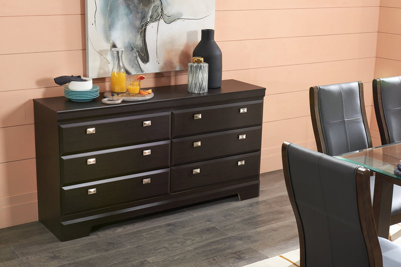 Commode Yorkdale de 61,4 po (L) x 32,3 po (H) à 6 tiroirs pour la chambre à coucher, fabriquée au Canada - brune
