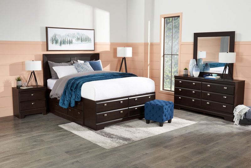 Ensemble de chambre à coucher Yorkdale 6 pièces avec lit de rangement à 12 tiroirs, commode, miroir et table de nuit, brun - format lit double