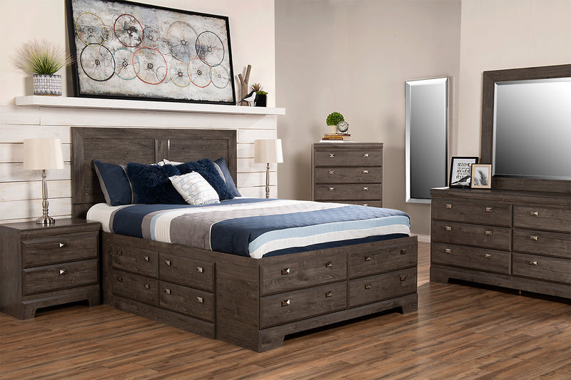 Ensemble de chambre à coucher Yorkdale 5 pièces avec lit de rangement à 12 tiroirs, commode et miroir, gris - format grand lit
