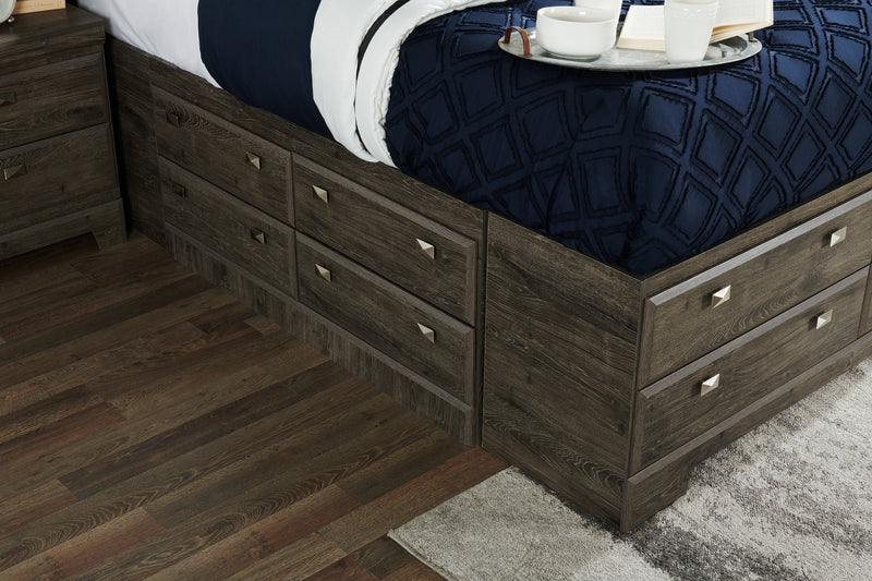 Lit plateforme Yorkdale fabriqué au Canada avec tête de lit et cadre de rangement à 12 tiroirs, gris - format grand lit