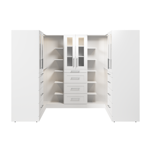 Système de pièce-penderie en forme de U modulaire Florence de Bestar de 113 po avec éclairages à DEL, tringles, tablettes, tiroirs et portes de style Shaker - blanc