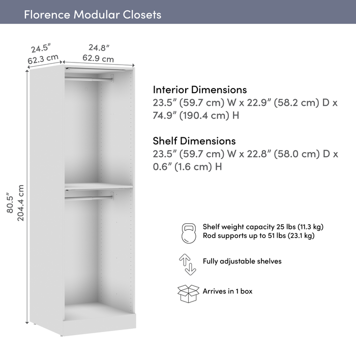 Système de garde-robe modulaire  à 2 espaces pour suspendre Florence de Bestar de 25 po avec éclairage à DEL - blanc