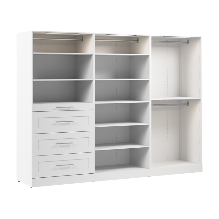 Système de pièce-penderie modulaire Florence de Bestar de 107 po avec éclairages à DEL, tringles, tablettes et tiroirs de style Shaker - blanc