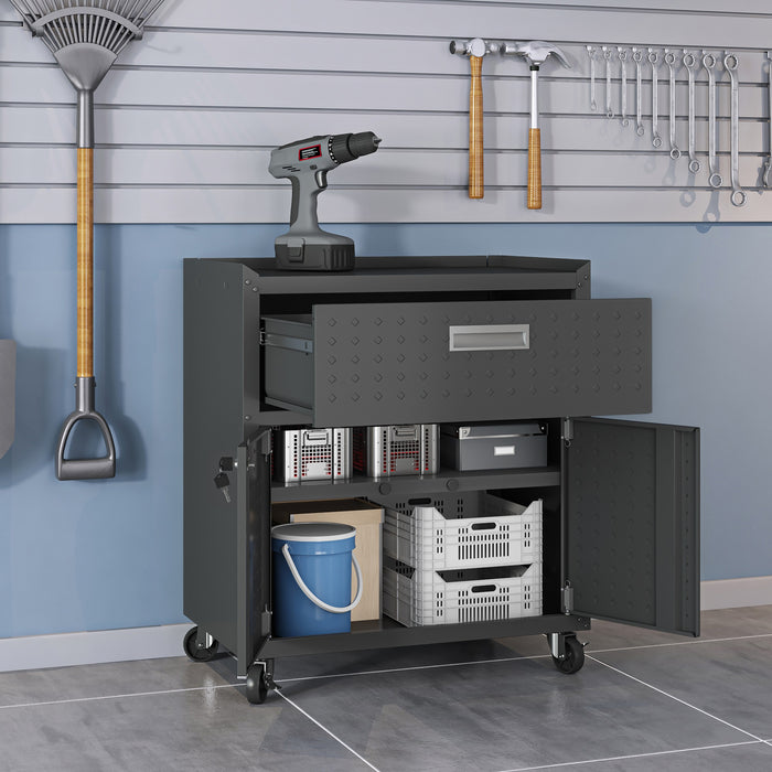 Armoire mobile Fortress de Manhattan Comfort de 31,5 po en métal texturé avec tiroir et 2 tablettes réglables pour le garage - gris anthracite