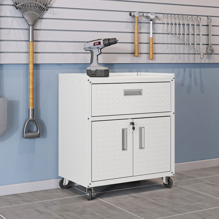 Armoire mobile Fortress de Manhattan Comfort de 31,5 po en métal texturé avec tiroir et 2 tablettes réglables pour le garage - blanche