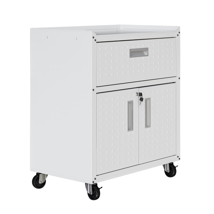 Armoire mobile Fortress de Manhattan Comfort de 31,5 po en métal texturé avec tiroir et 2 tablettes réglables pour le garage - blanche
