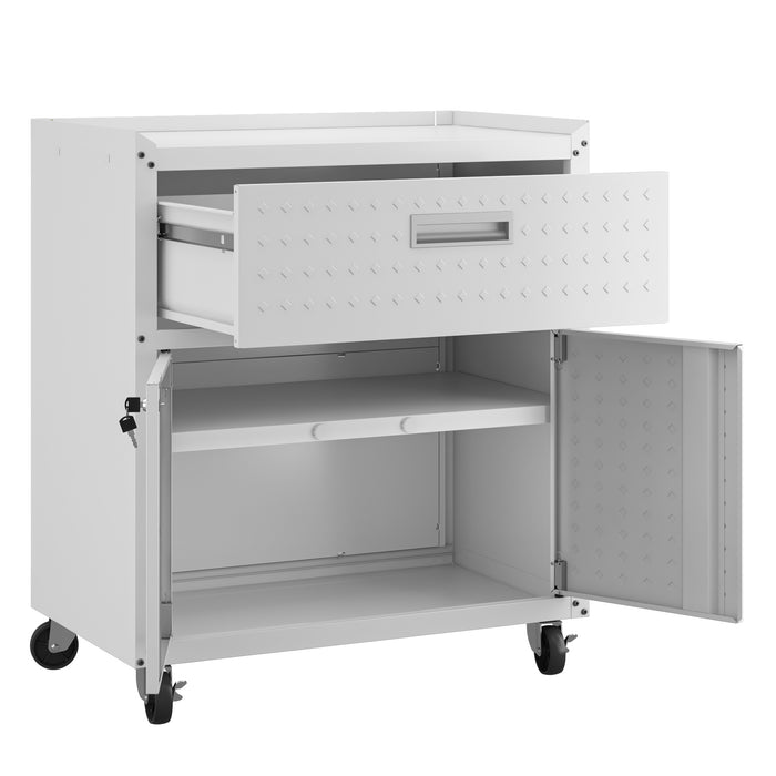 Armoire mobile Fortress de Manhattan Comfort de 31,5 po en métal texturé avec tiroir et 2 tablettes réglables pour le garage - blanche