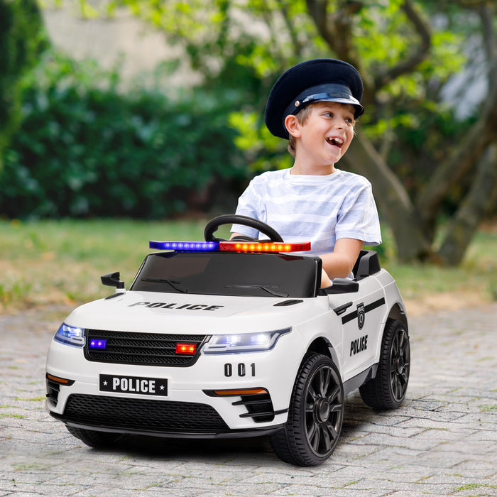 Qaba Voiture Electrique 12 V Pour Enfants, Voiture De Police Pour Enfants Alimentee Par Batterie Avec Telecommande, 4 Roues A Suspension A Ressort, Musique, Lumiere, Klaxon, Blanc