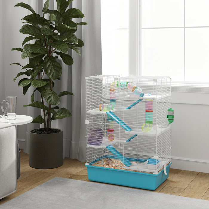 Pawhut Cage Pour Hamster De 32\", Cage Pour Petits Animaux A 6 Etages Avec Tunnels Et Tubes, Cage Pour Gerbilles Avec Hutte, Roue, Mangeoire, Bouteille D'eau, Rampes, Bleu Clair