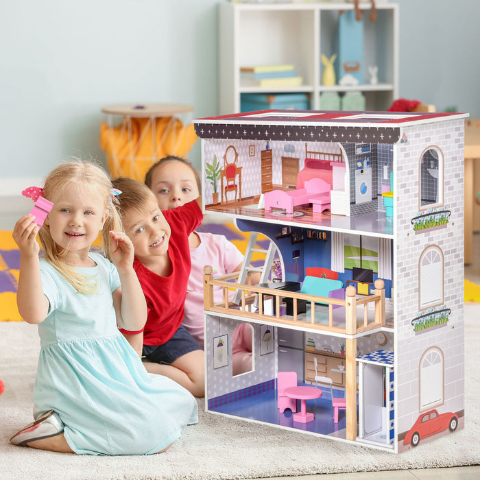 Qaba 13 Pcs Maison De Poupees A 3 Etages Pour Enfants, Dreamhouse Villa, Pour Tout-petits, Petites Filles, Maison A Plusieurs Niveaux, Avec Ascenseur, Kit D'accessoires Pour Meubles Rose