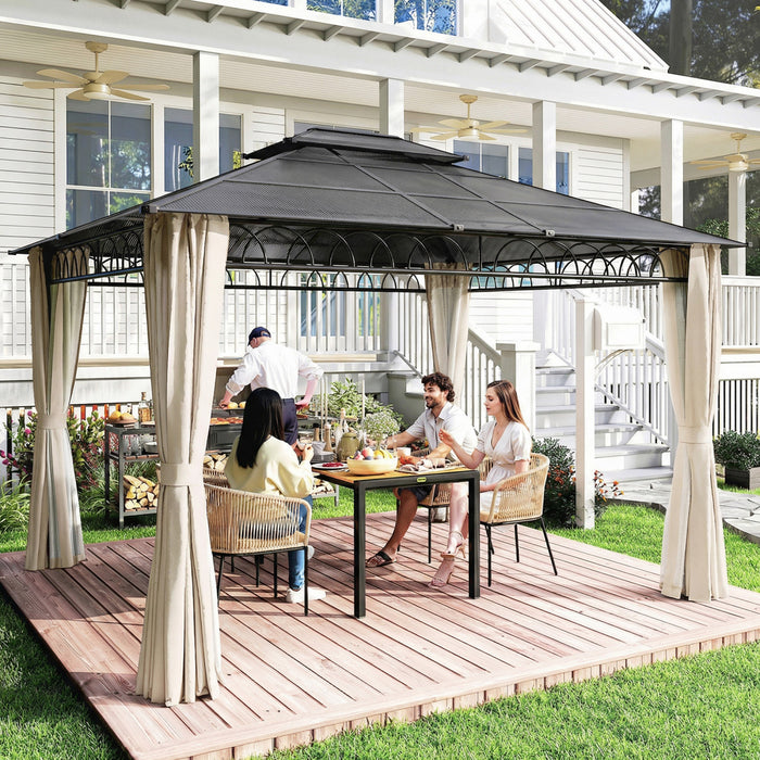 Outsunny Gazebo exterieur 3 x 3,6 m avec double toit rigide et rideaux, Beige