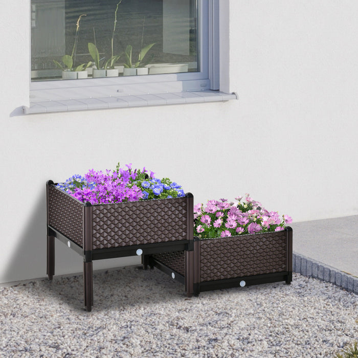 Outsunny Lot De 2 Jardinieres Sur Pieds Carre Potager 2 Etages Insert D'irrigation Inclus Plastique Brun