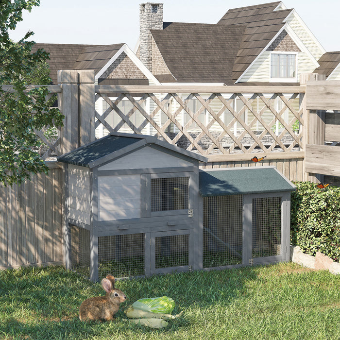 Pawhut Clapier En Bois Pour Lapin Cage De Lapin D'arriere-cour Pour Petits Animaux Toit En Asphalte Avec Rampe Et Enclos Exterieur Gris Fonce