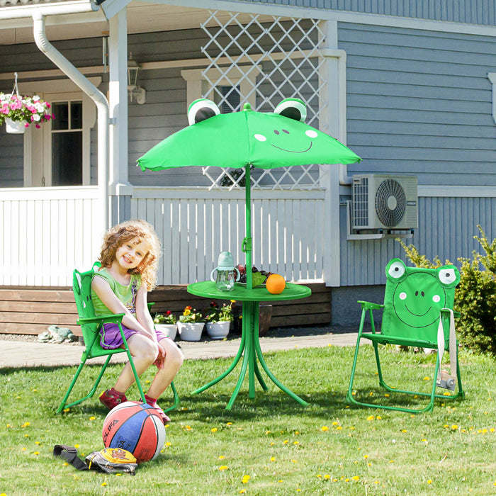 Outsunny Enfants Table De Pique-nique Pliante Et Chaise Ensemble Motif Grenouille Exterieur Jardin Patio Arriere-cour Avec Parasol Amovible Et Reglable En Hauteur Vert