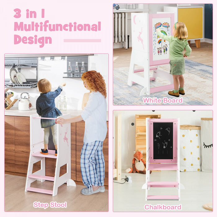 Costway Tout-petit Enfant Tabouret De Cuisine Aidant Bebe Tour Debout Avec Tableau Et Tableau Blanc Rose