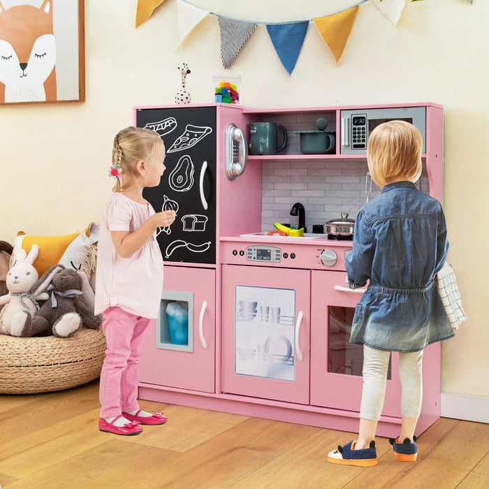 80x24x81cm Ensemble De Jouet De Cuisine Pour Enfant, Jeu De Role Avec Tableau Noir Et Six Compartiments De Rangement, Boutons Avec Effets Sonores, Pour Enfants De 3 A 6 Ans, Blanc/rose