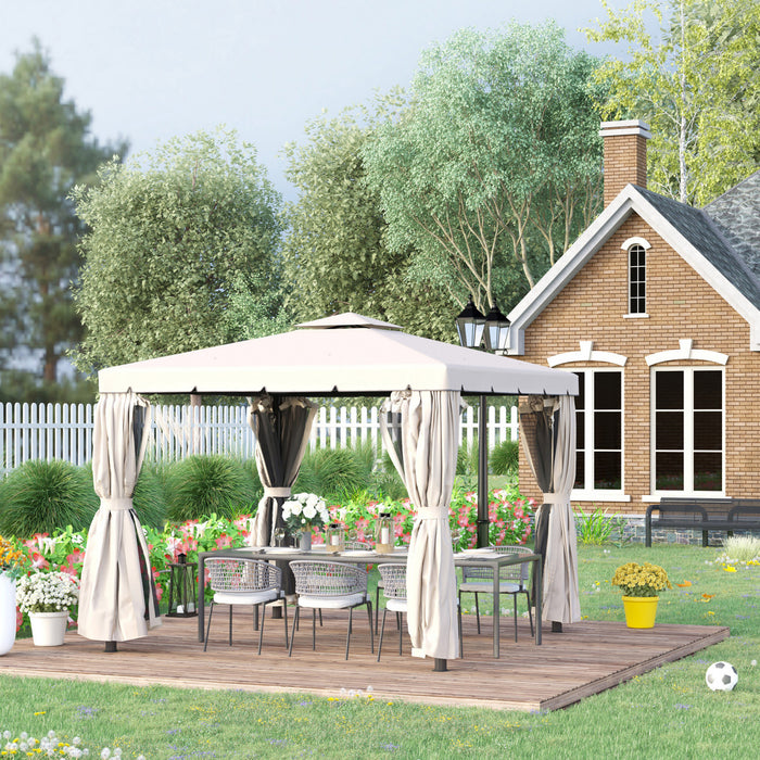 Outsunny 10' X 10' Tonnelle Tente D'abri De Jardin Double Toit Souple Avec De Beaux Rideaux En Polyester Et Des Rideaux En Maille, Creme