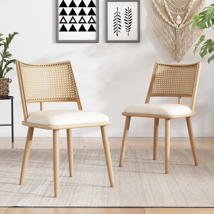 Chaises de salle a manger modernes Oliver avec assise rembourree en PU et dossier en rotin PE, lot de 2, beige
