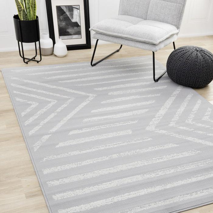Carpette Forte grise et blanche à motif de rayures modernes - 5 pi 3 po x 7 pi 5 po