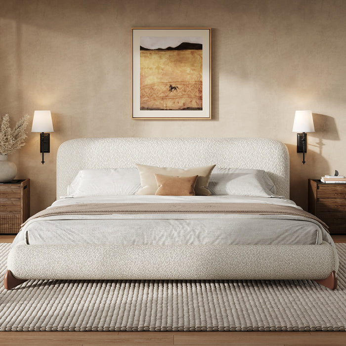 Lit plateforme Harper a profil bas en boucle avec tete de lit epaisse et courbee, California King, blanc creme