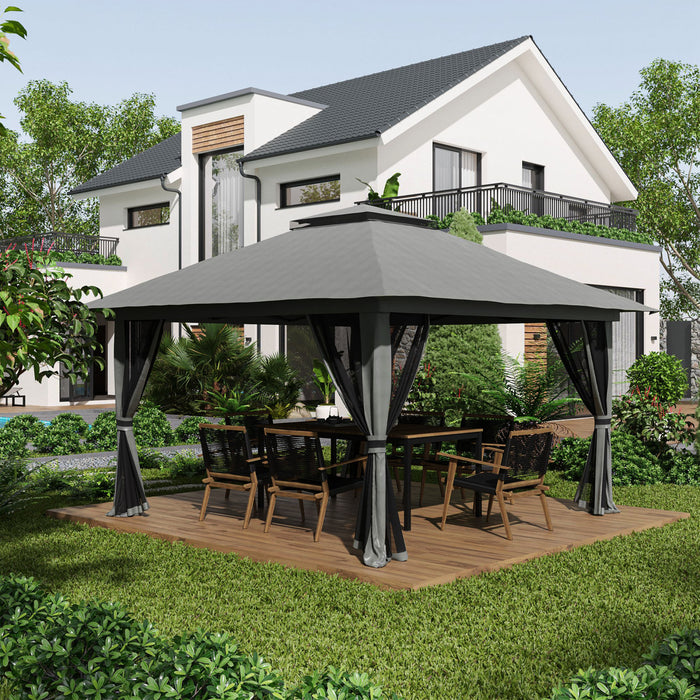 Outsunny 13' X 13' Pop Up Canopy With Mesh Sidewalls, Easy Up Canopy Tent Shelter With 2-tier Roof, Wheeled Carry Bag, Water/sand Bag For Garden, Backyard, Patio, Lawn, Dark Grey (en Anglais Seulement)