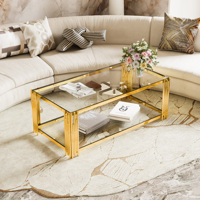 Aria Table Basse Rectangulaire Moderne 47.5 po avec Cadre Asymetrique Dore et Plateau Verre, Transparent