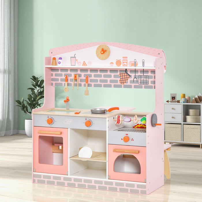 Cuisine Et Restaurant 2 En 1 Pour Enfants, Cuisine De Jeu Double Face Avec Cuisiniere, Four A Rotir, Barbecue, Auvent Reglable Et Robinet En Bois, Jeu De Role Pour Enfants De 3 A 8 Ans
