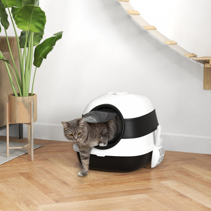 Pawhut Bac A Litiere Pour Chat Avec Couvercle, Avec Cotes Hauts, Assainisseur D'air, Grand Bac A Litiere Pour Chat A Entree Bidirectionnelle, Pliable, Facile A Nettoyer, Blanc Et Gris
