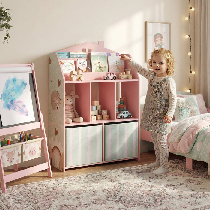 Qaba Meuble de Rangement avec Presentoir a Livres, Etageres, Tiroirs en Tissu, Rose