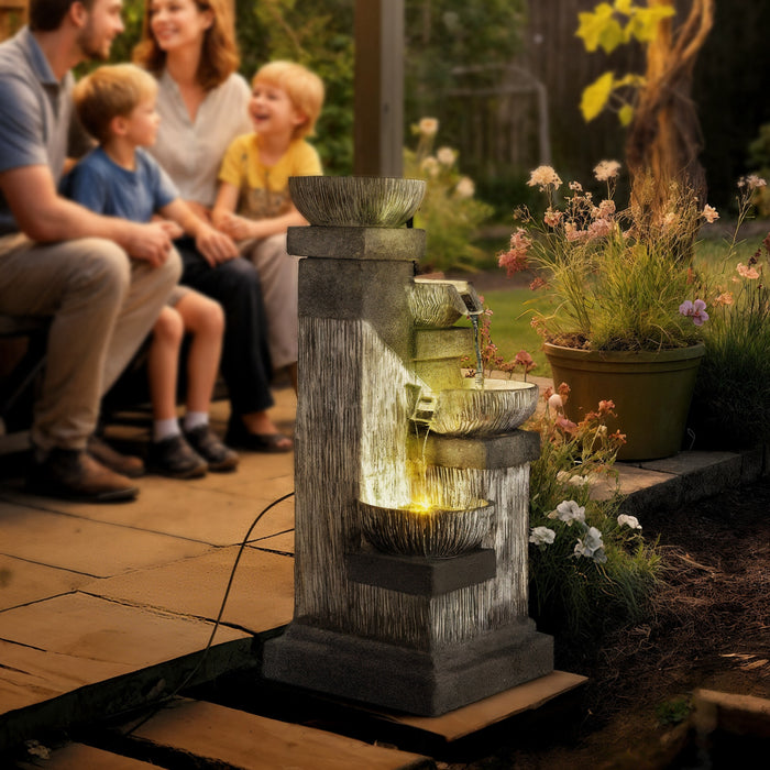 Outsunny Fontaine a Cascade Exterieure a 4 Niveaux 85 cm avec Lumieres LED et Pompe, Gris