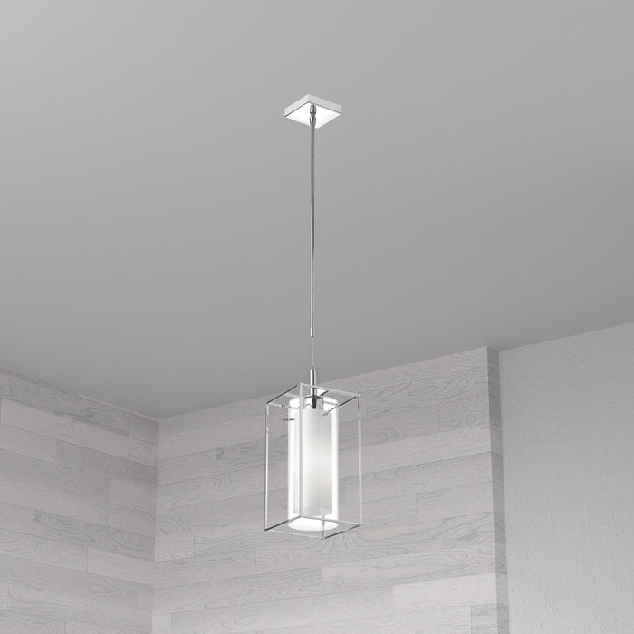 Luminaire suspendu Cubo de Dainolite en verre givré et transparent, avec cadre rectangulaire, fini chromé poli et 1 ampoule
