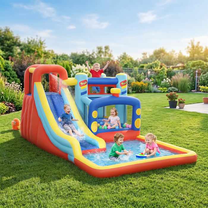 Qaba Chateau Gonflable 435 x 245 cm, 4 en 1 avec Souffleur