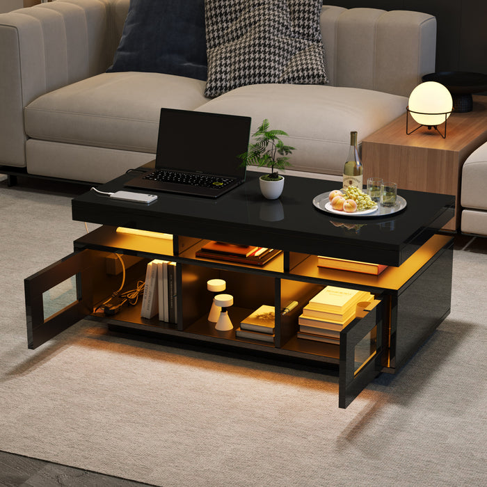 Lumina Table Basse Haute Brillance 39.3 po avec Lumieres LED, Port USB et Portes Transparentes, Noir