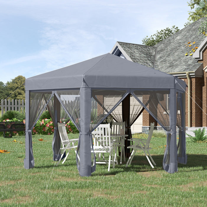 Outsunny 13' X 11' Heavy Duty Pop Up Canopy Avec Forme Hexagonale, Filet Lateral A 6 Mailles, Hauteur Reglable A 3 Niveaux Et Armature En Acier Solide, Gris
