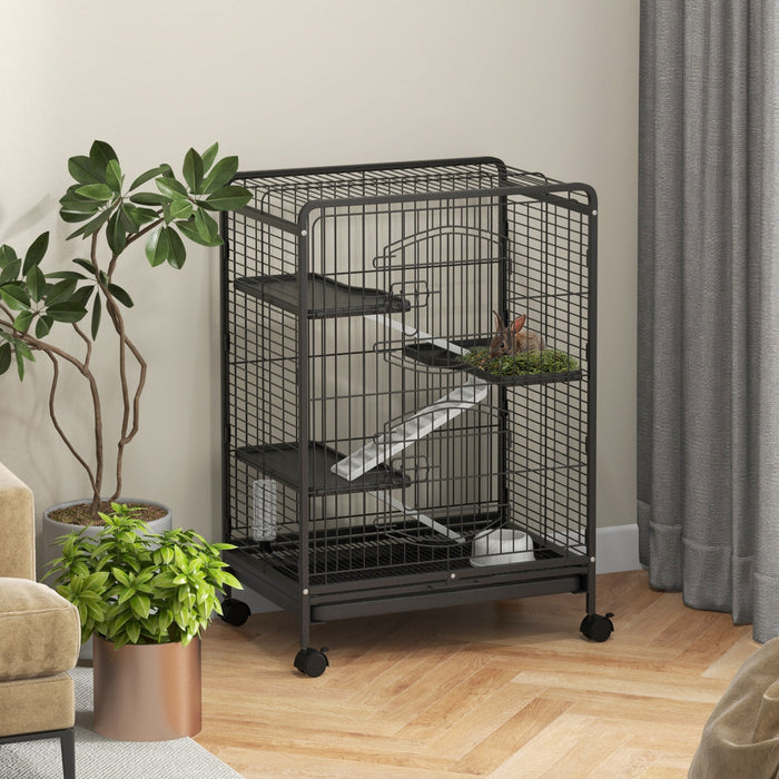 Pawhut Cage Pour Petits Animaux A 4 Niveaux, Parc Pour Lapin Furet Chinchilla Sur Roues Avec Plateau Amovible Plate-forme Rampe Nourriture Plat Bouteille D'eau, 25\" X 17\" X 36.5\"