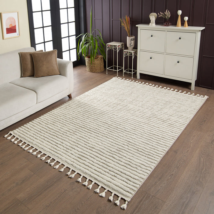 Carpette à poil long Quinto beige à motif de vagues - 5 pi 7 po x 7 pi 3 po 